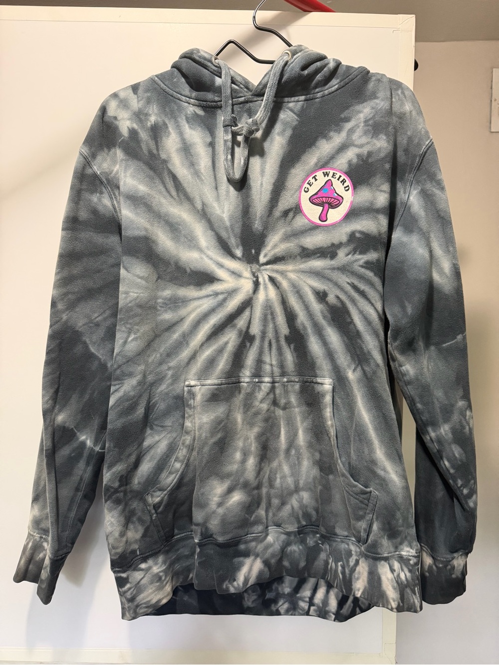 Men's Crewneck Hoodie - Gray Tie-Dye with Pink Patch